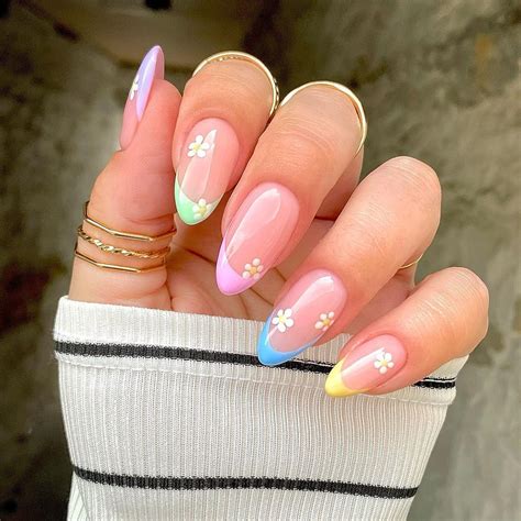 Pastel French Tip Press On Nails With Flowers Summer Short Norway