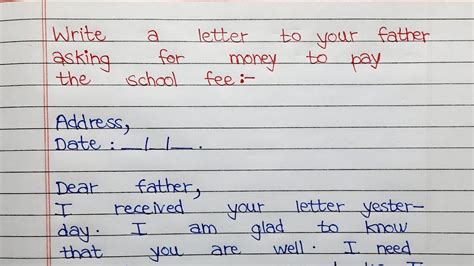 Write A Letter To Your Father Asking Money To Pay The School Fee And To Buy New Books Youtube