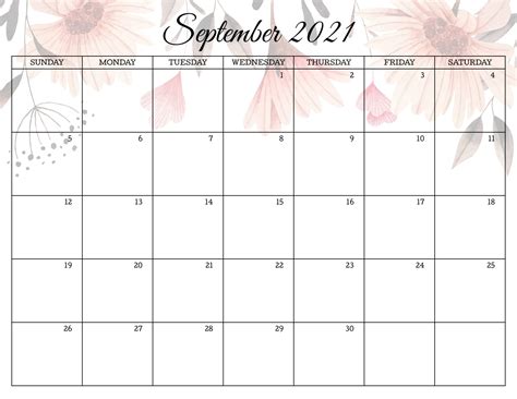 Floral September 2021 Calendar Templates Printable 2020 Calendars