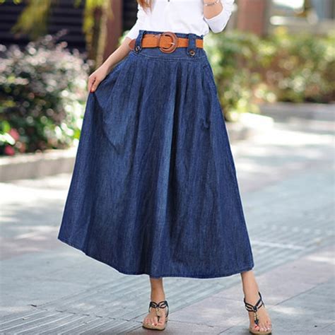 2017 Summer Women Long Denim Skirt High Waist Casual Loose Pleated Maxi Jean Skirts Plus Size