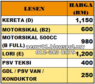 Berikut dikongsikan maklumat berkaitan harga anggaran kadar harga lesen memandu terkini mengikut kategori kenderaan dan kelas bagi tahun 2020. SANTAI KELUARGA: PERUNDING PEMANDUAN AEMY - TAWARAN HEBAT!