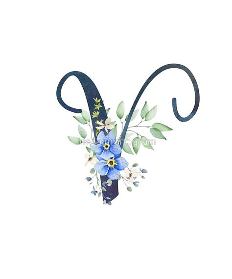 The Letter V Is Decorated With Blue Flowers And Greenery On Its Side