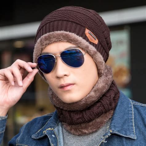 New Fashion Hats Men Winter Wool Ski Hat Scarf Set Head Hooded Cap
