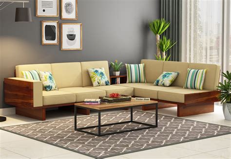 Buy Audrey 6 Seater L Shape Corner Sofa Set With Washable Zipper Cover Honey Finish Online In