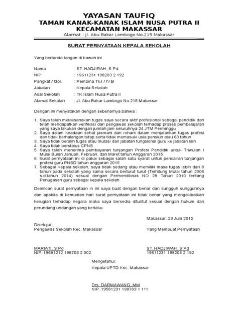 Surat Pernyataan Kepala Sekolah