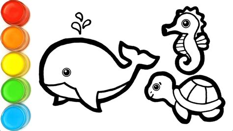 Menggambar Dan Mewarnai Hewan Laut Paus Kuda Laut Kura Kura Untuk