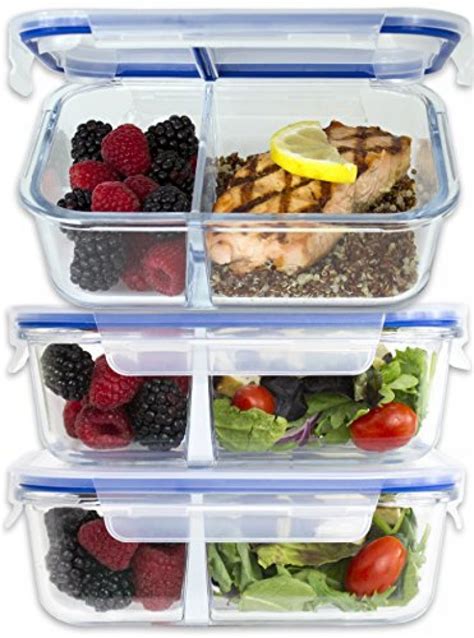 Large Premium 3 Pack 2 Compartment Glass Meal Prep Containers Wnew