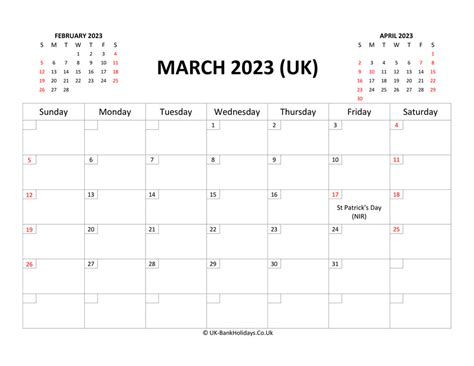 March 2023 Calendar Printable With Bank Holidays Uk