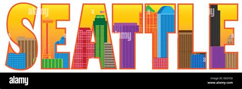 Seattle Washington City Skyline Text Outline Silhouette Color Isolated