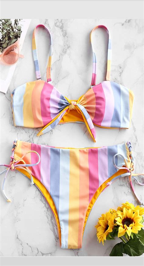 Cute Colorful Striped Lace Up Bandeau Bikini Swimsuit Bikini Swimsuits Swimsuits Bikinis