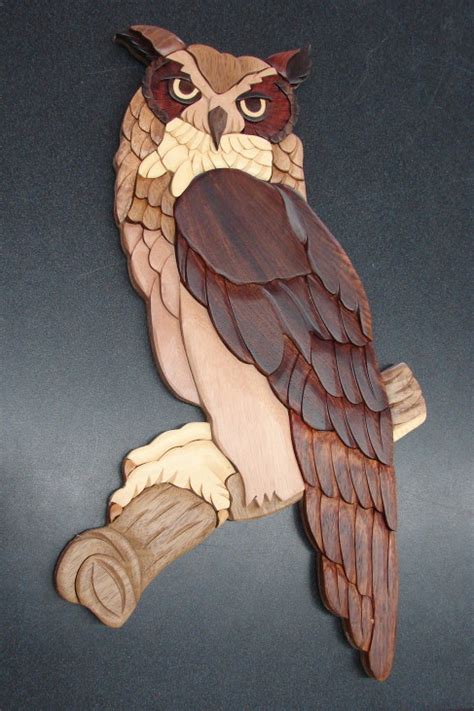Solid Wood Intarsia Horned Owl Wall Decor Moose R Uscom Log Cabin Decor