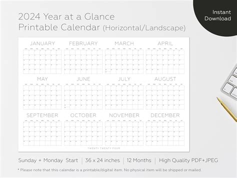 Calendar Printable Big Wall Printable Calendar Year At A Etsy Canada