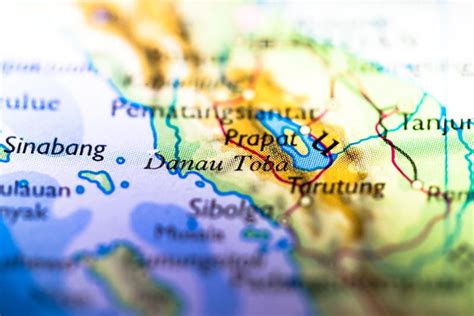 Shallow Depth Of Field Focus On Geographical Map Location Of Lake Toba