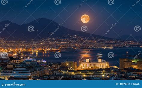 Full Moon Rises Above Mount Vesuvius Naples And Bay Of Naples Italy