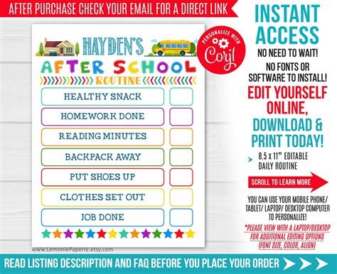 After School Routine Chart Editable After School Checklist Etsy