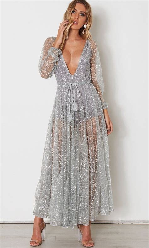 get up and glimmer sheer mesh silver glitter long sleeve plunge v neck maxi dress sold out
