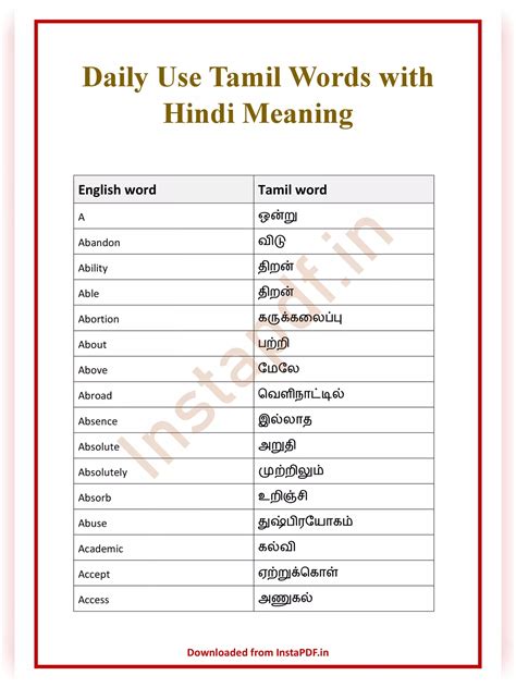 Daily Use Tamil Words With Hindi Meaning Pdf Instapdf