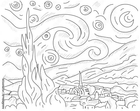 Vecteur Stock Coloring Page With The Starry Night Based On Vincent