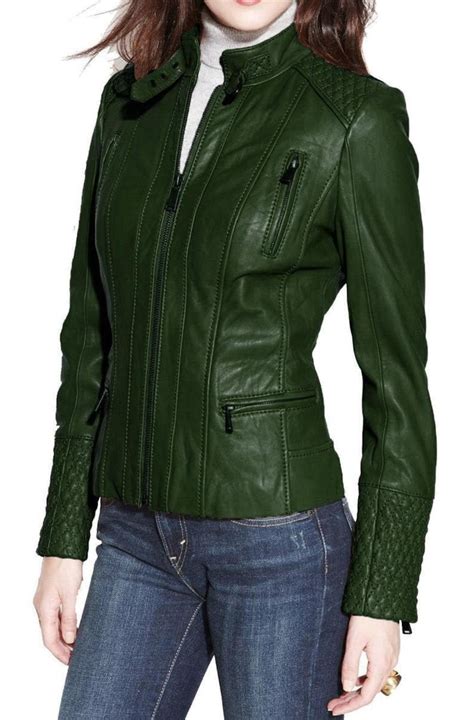 Leather Jacket For Women Green Biker Jacket Lambskin Leather Etsy