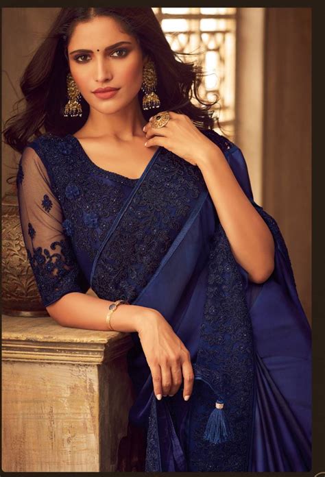 Navy Blue Embroidered Satin Saree With Blouse Brijraj 3173030