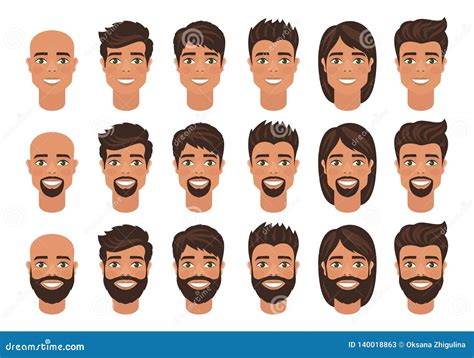Set Of Mens Avatars With Various Hairstyle Long Or Short Hair Bald