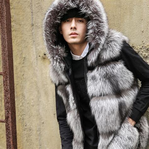 Mens Popular Fox Fur Vest Hooded Large Fur Collar Vest Winter Slim