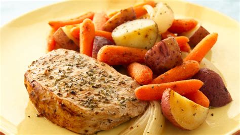 (these can also be added after one hour of cooking for a more firm texture). Herb Roasted Pork Chops and Vegetables Recipe - Tablespoon.com