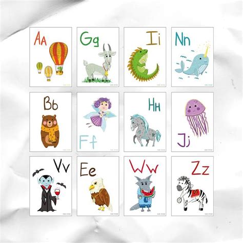 English Alphabet Flash Cards With Cute Illustration One Cards With 1 3