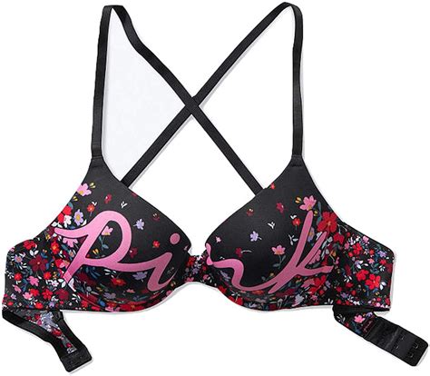 Victoria S Secret Pink Wear Everywhere T Shirt Lightly Lined Bra Color Black Floral With Script