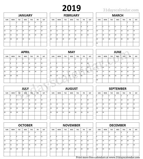 Year Calendar 2019 Printable One Page Template Print Calendar