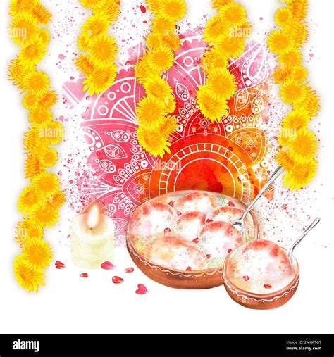 Hand Drawn Watercolor Holi Composition With Red Background And Mandala