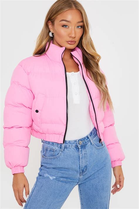 Pink Cropped Puffer Jacket In The Style Usa