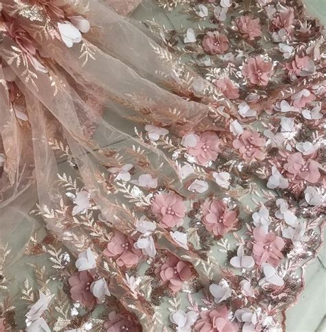 Fabulous Pale Pink Lace Fabric 3D Chiffon Beaded Flowers Embroidered