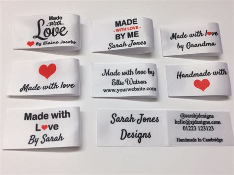 Six White Labels With Red Hearts And Words On Them All Printed In Different Colors