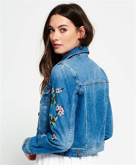 womens embroidered sleeve denim jacket in mid wash superdry uk