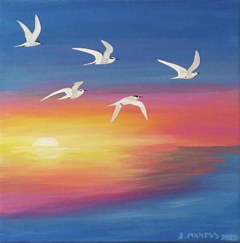 White Birds Flying On Sunset Painting By Barbara Maness Pixels