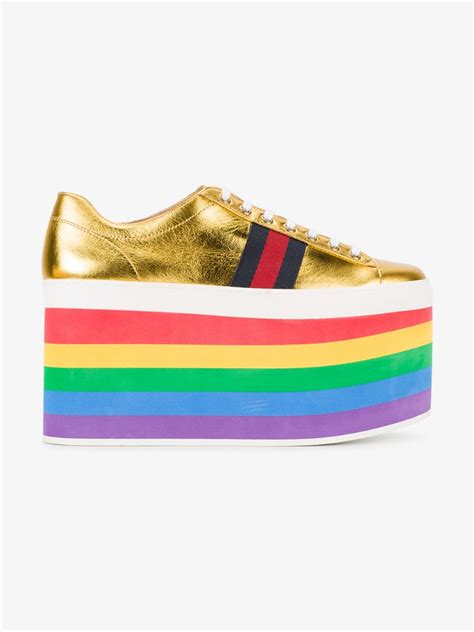 Gucci Peggy Metallic Leather Rainbow Platform Sneakers In Gold Modesens