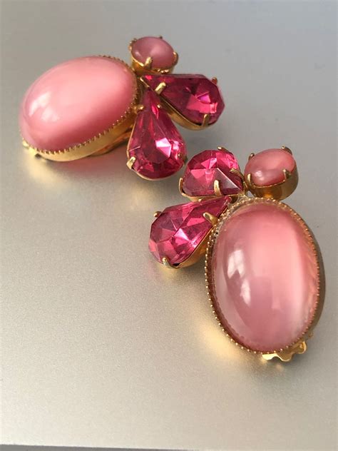 1950s Vintage Pink Rhinestone Earrings Clip On Earrings Pink Moonglow