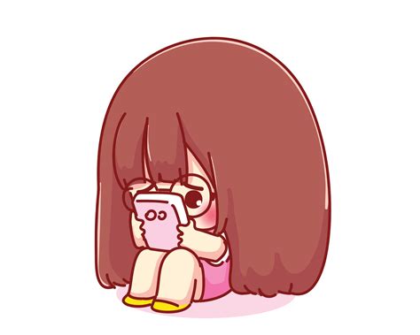 Cute Girl Holding And Looking At Mobile Phone Cartoon Character