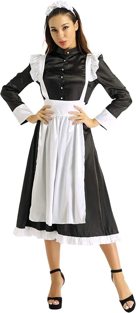 Yeahdor Womens Victorian Maid Cosplay Costume Outfit Smooth Satin Maxi