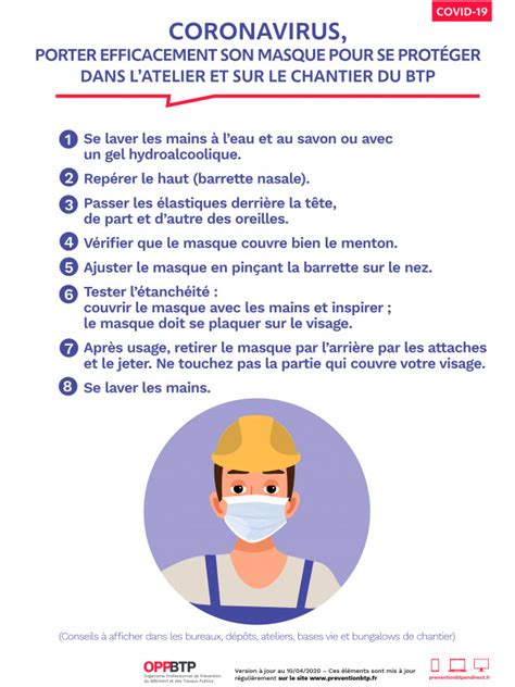 Par ailleurs, le port du masque est obligatoire (à partir de 13 ans) c'est le gouvernement local qui le détermine. Affiche BTP port du masque dans l'atelier et sur le ...