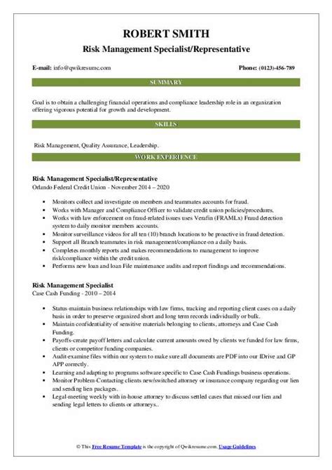 Risk Management Specialist Resume Samples Qwikresume