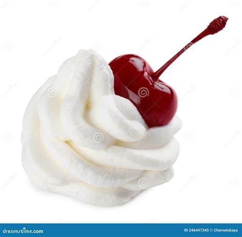 Delicious Fresh Whipped Cream With Cherry Isolated On White Stock Image Image Of Mousse