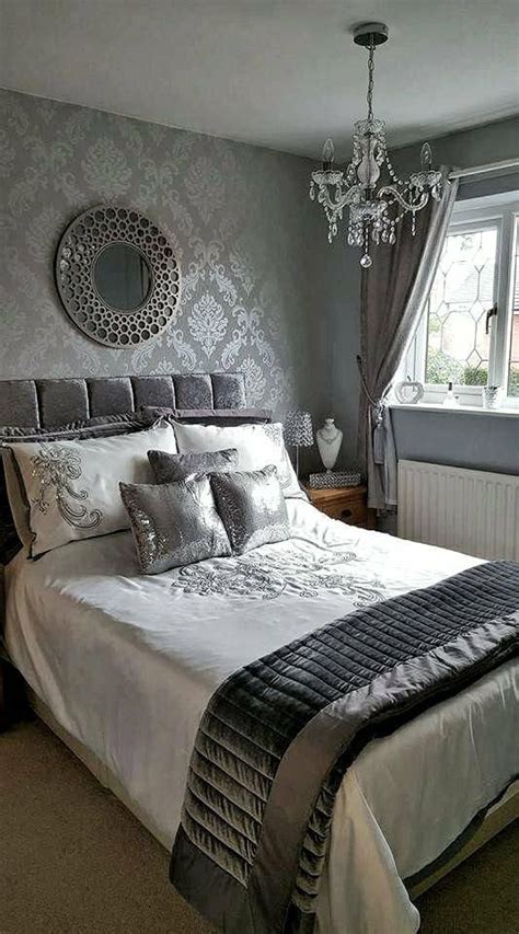 This bedroom in an updated terrace home features ralph lauren 'marlowe floral' wallpaper in prussian blue from radford. Chelsea Glitter Damask Wallpaper Soft Grey Silver in 2020 | Feature wall bedroom, Silver bedroom ...
