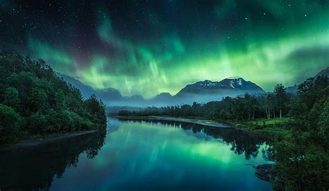 Aurora Boreal Paisaje Niebla Montañas Naturaleza Fotografía Río