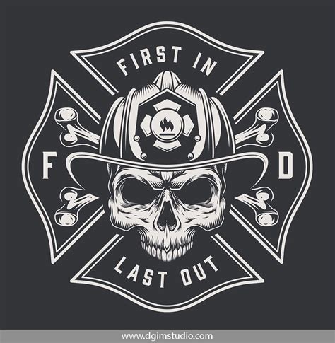 Old School Style Skull Without Jaw In Firefighter Helmet And Crossbones