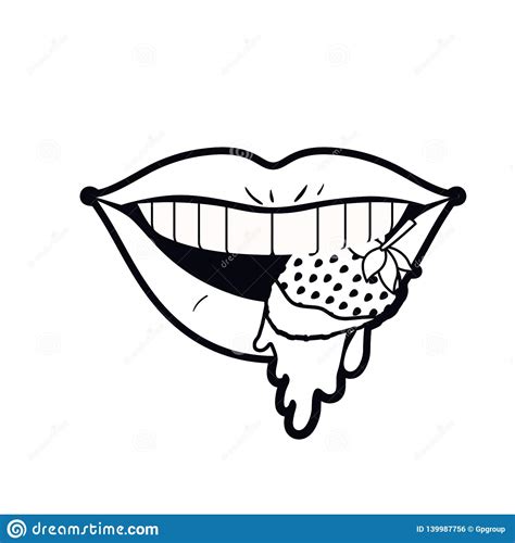 Female Mouth Dripping With Strawberry Fruit Stock Vector Illustration