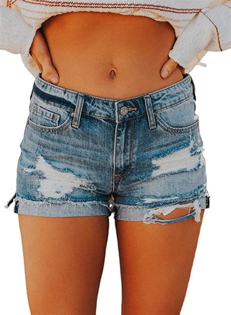 Fobexiss Womens Distressed Ripped Button Zipper Folded Hem Jean Shorts