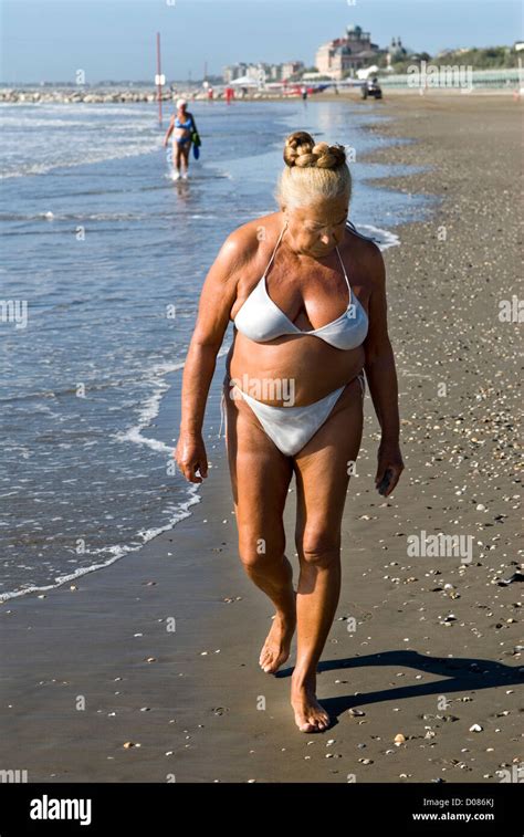 Mature Senior Woman Healthy Fit Body Wearing White Bikini Venice Lido Beach Italy S HOMER