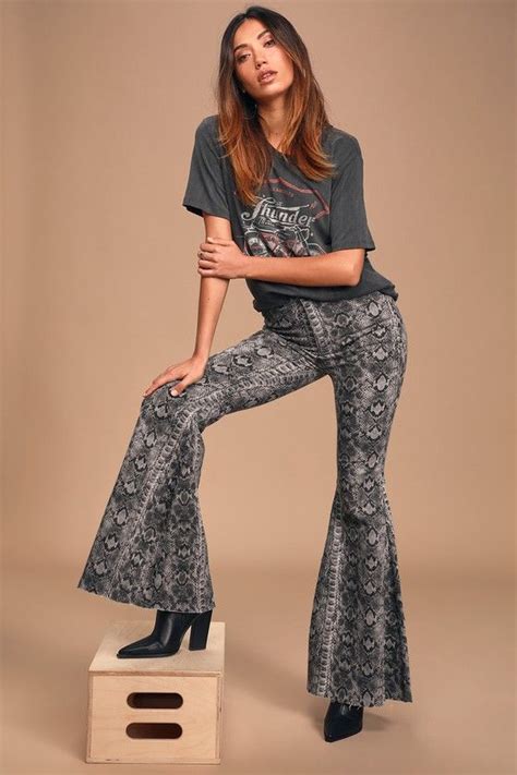 Just Float On Taupe Snake Print High Rise Flare Jeans In 2020 Flare